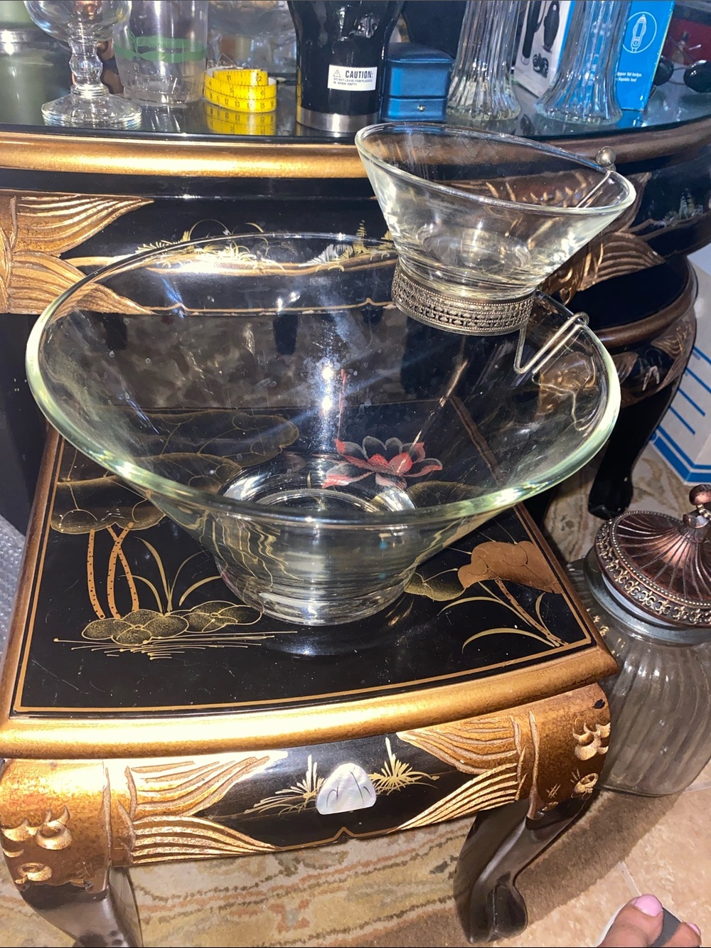 Vintage Clear Glass Chip Bowl with Attached Glass Dip Bowl